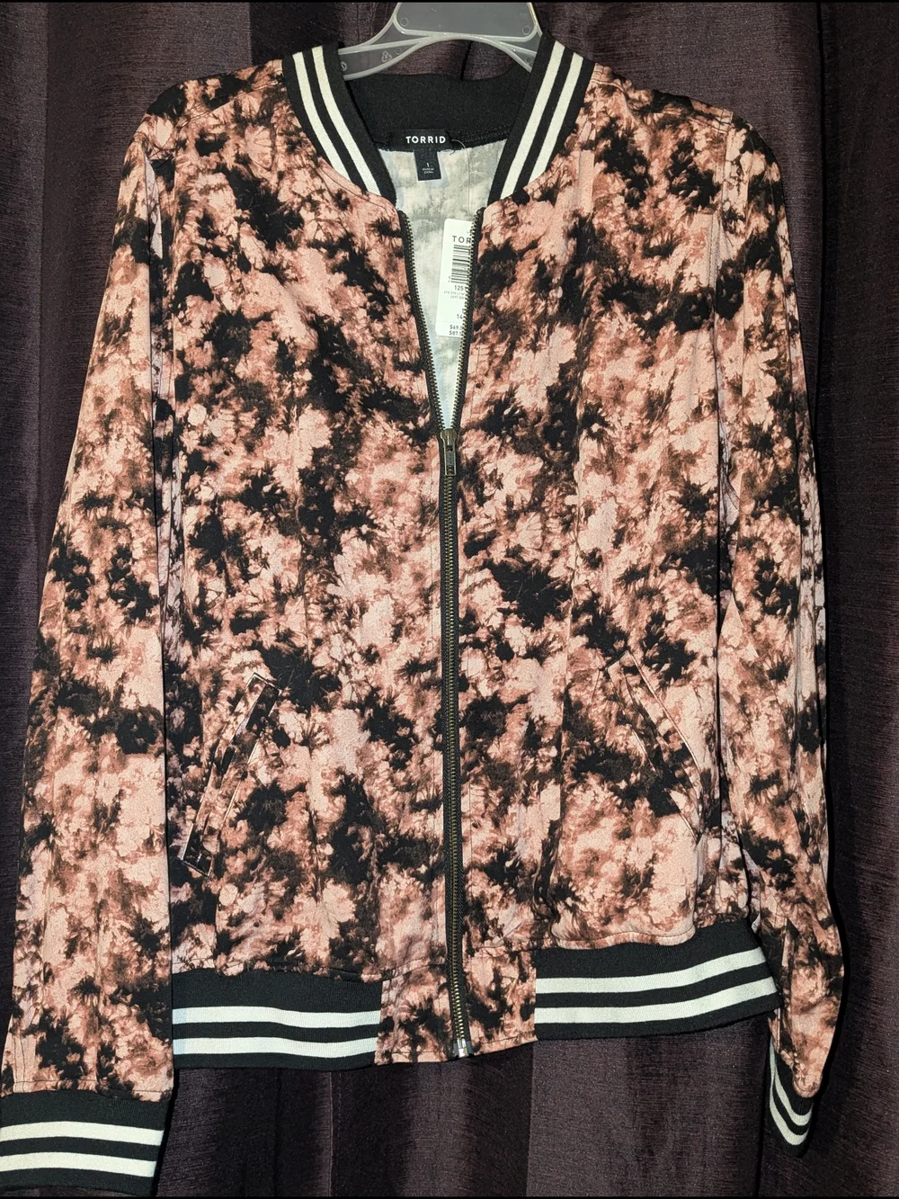TORRID Pink & Black Tie-Dye Bomber Jacket with Stripe Trim 1X (14-16) NWT